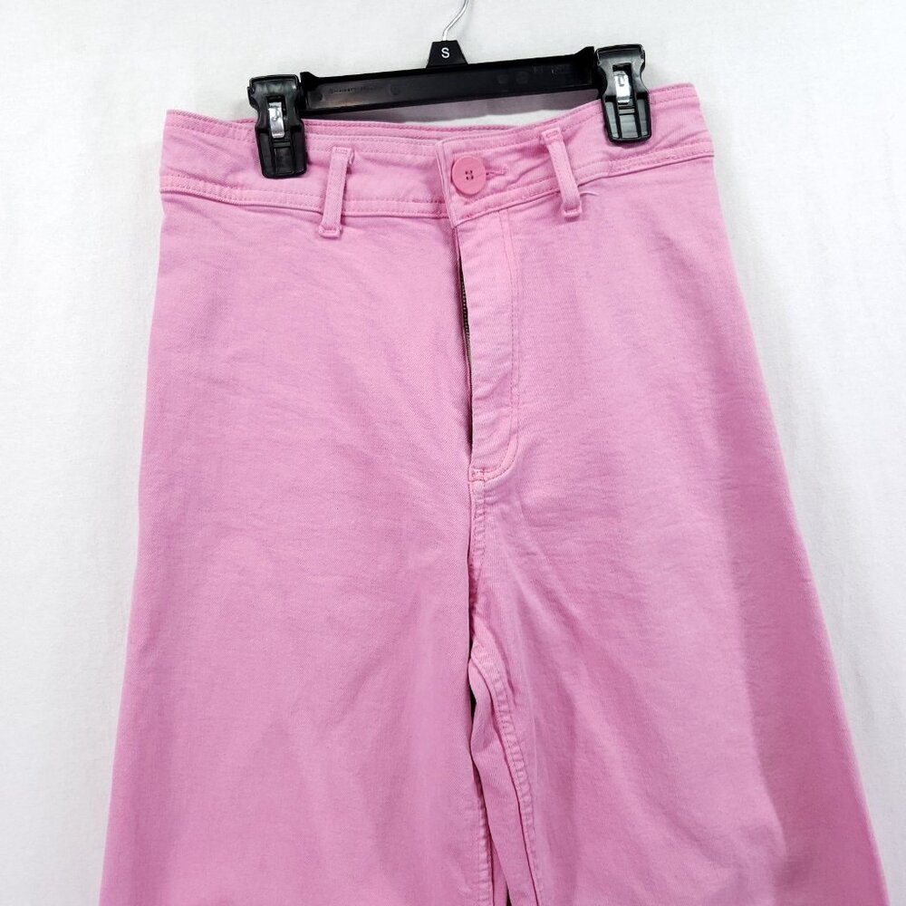 Zara Pink The Marine Flare Stretch Wide Leg Raw Hem High Rise Jean Size 4 - Picture 15 of 16